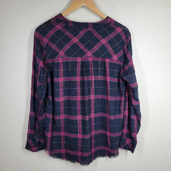 Rails Redding Plaid Top Black Wine Gold Medium Rayon Linen Half Button - Picture 6 of 7